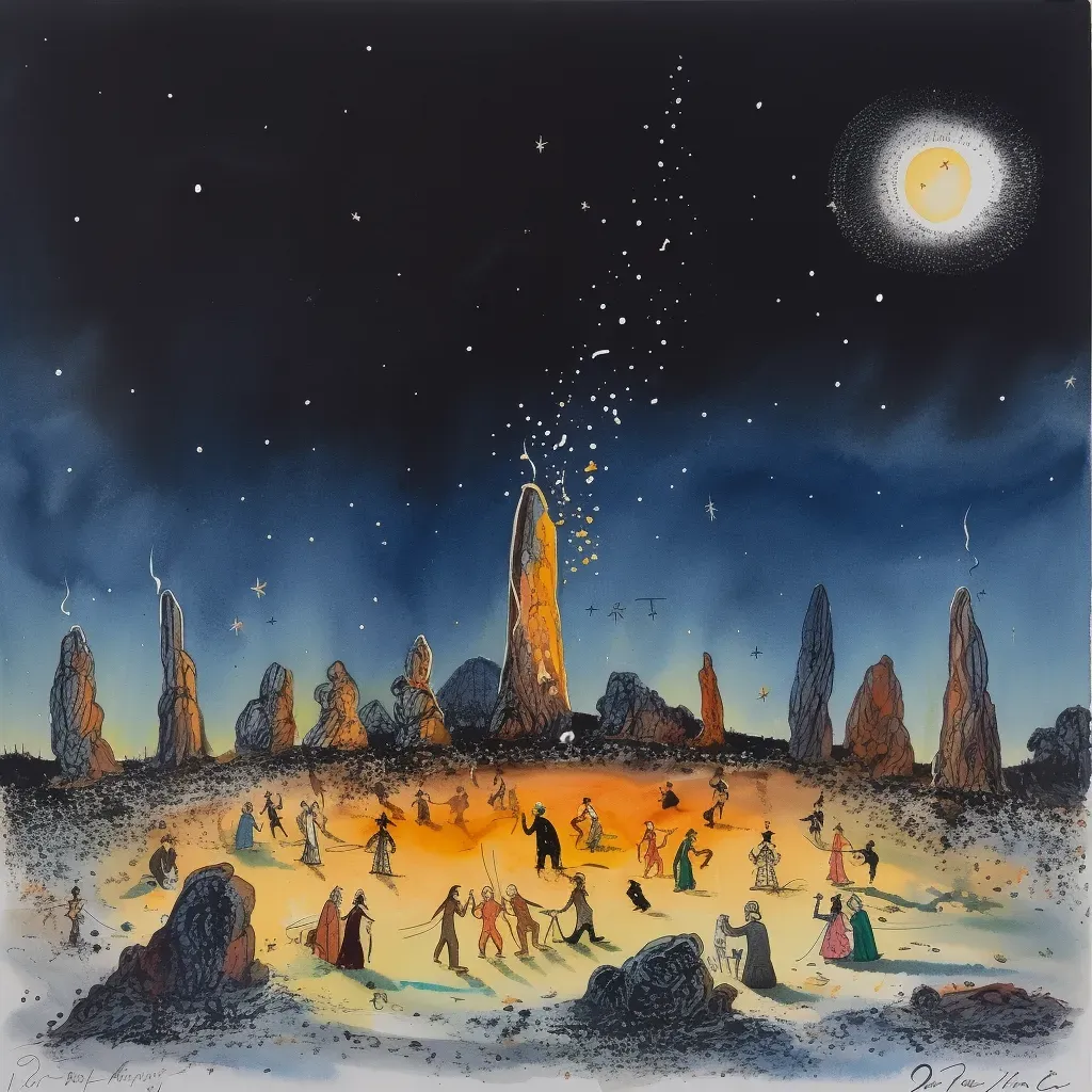 Image of an ancient stone circle with a bonfire under a starry night sky - Image 3