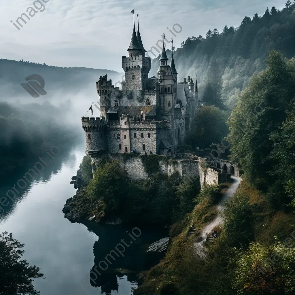 Ancient stone castle on a hilltop, surrounded by misty forests and a winding river - Image 1