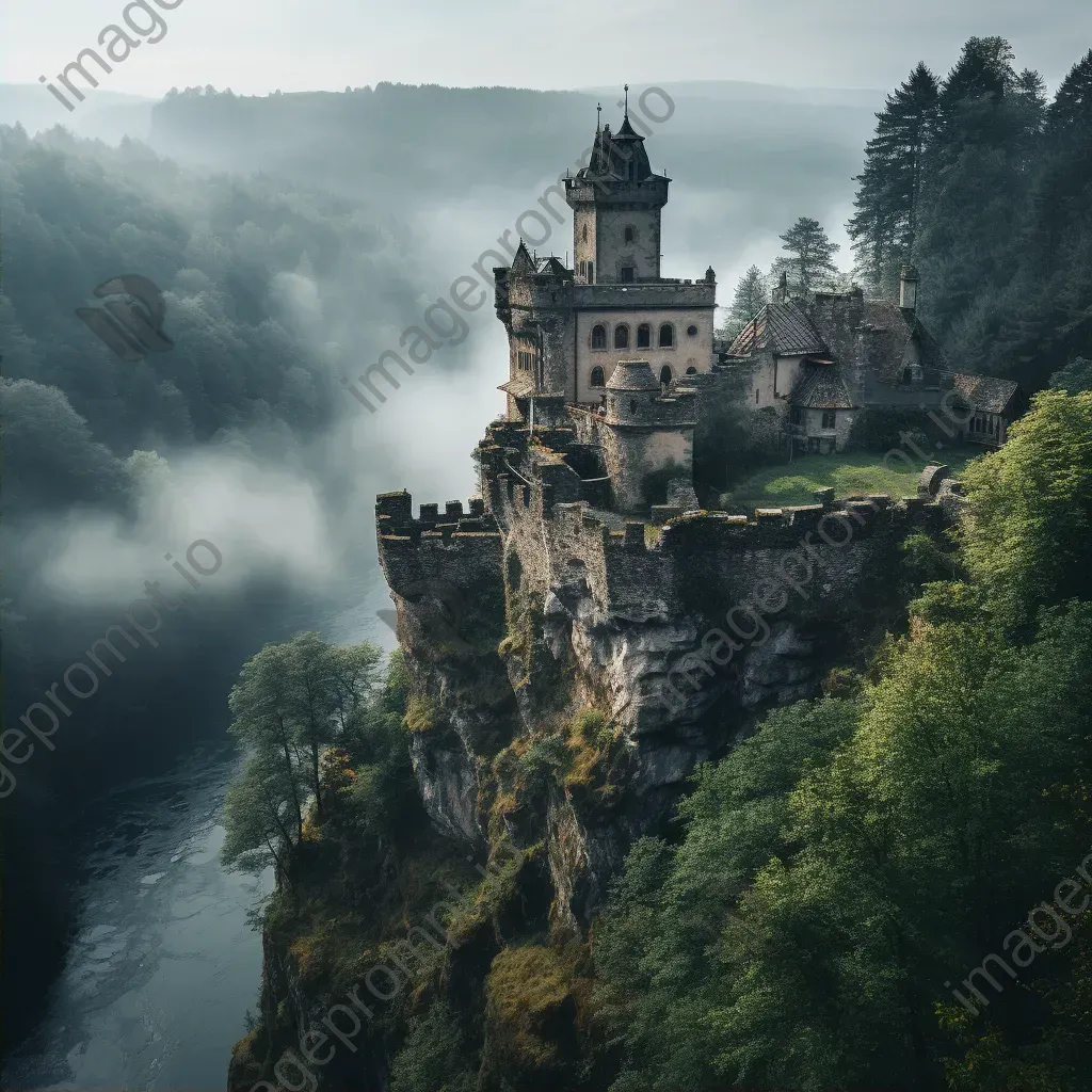 Ancient stone castle on a hilltop, surrounded by misty forests and a winding river - Image 2