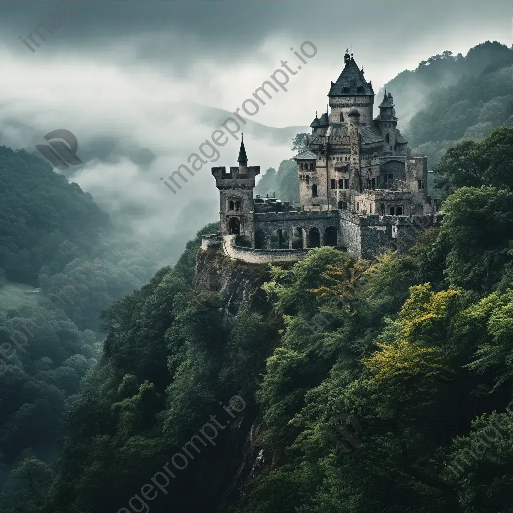 Ancient stone castle on a hilltop, surrounded by misty forests and a winding river - Image 3