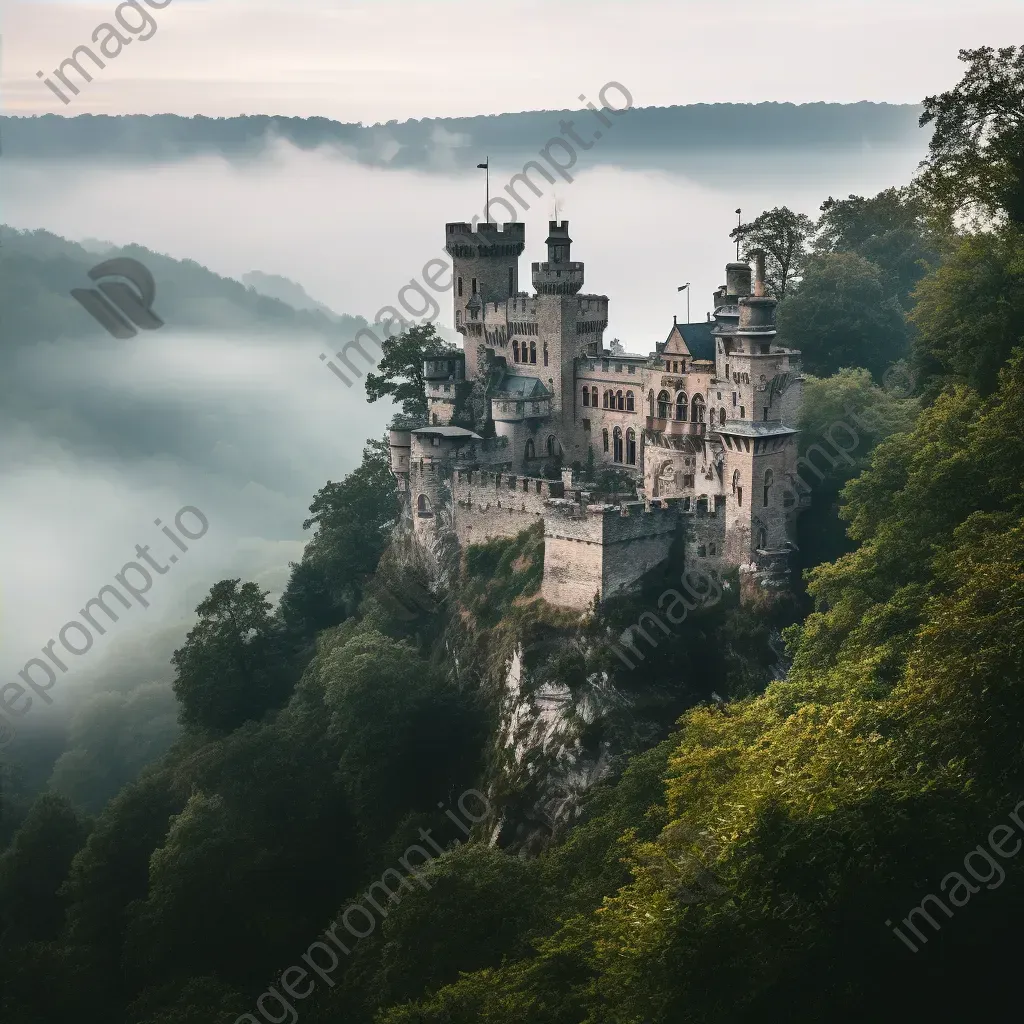 Ancient stone castle on a hilltop, surrounded by misty forests and a winding river - Image 4