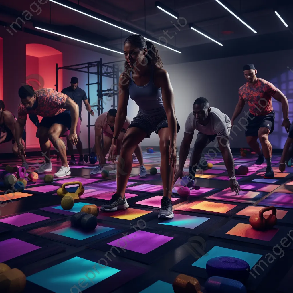 Group of participants in a HIIT class performing exercises with weights in a vibrant gym. - Image 1