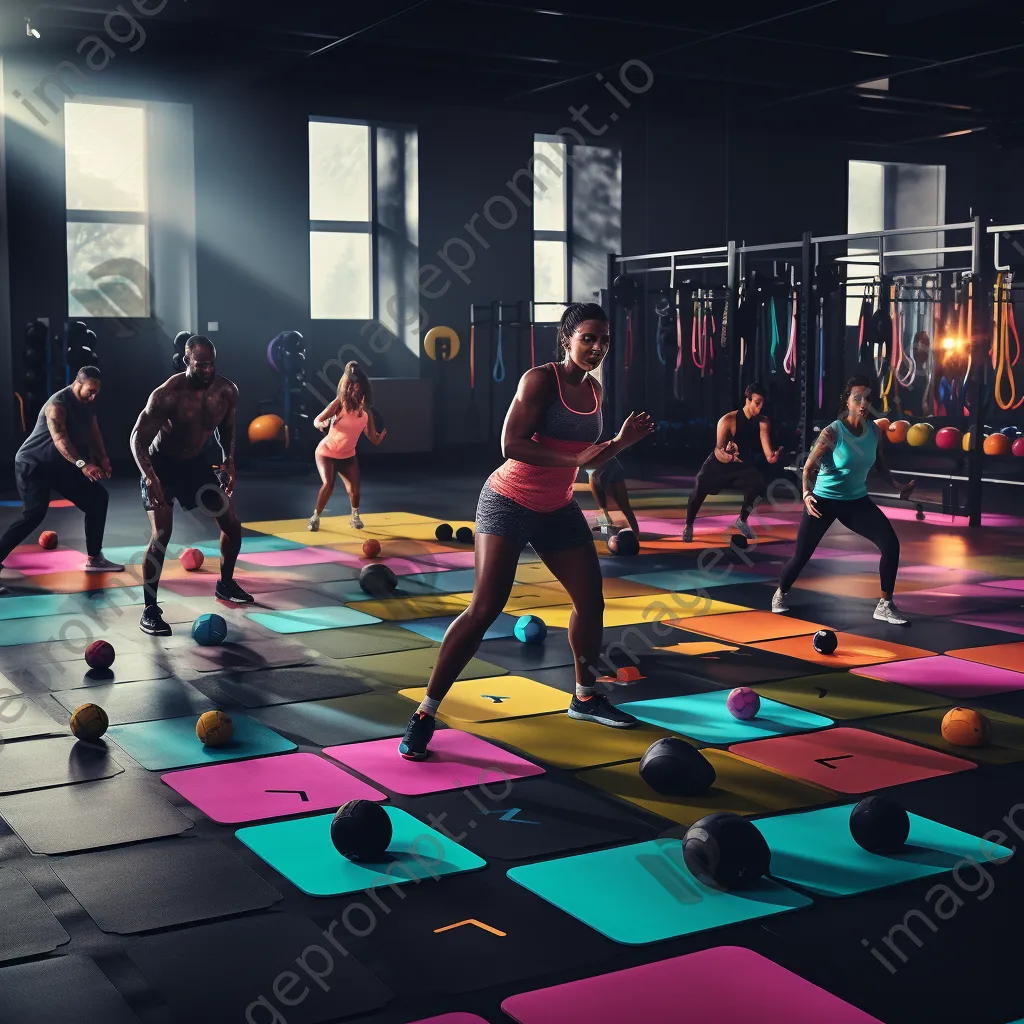 Group of participants in a HIIT class performing exercises with weights in a vibrant gym. - Image 2