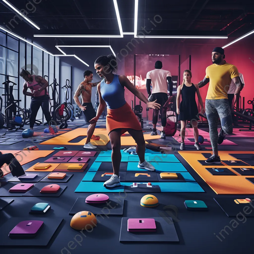 Group of participants in a HIIT class performing exercises with weights in a vibrant gym. - Image 3