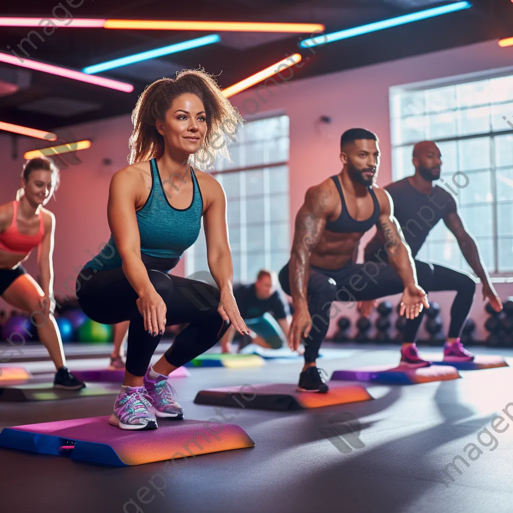 Group of participants in a HIIT class performing exercises with weights in a vibrant gym. - Image 4