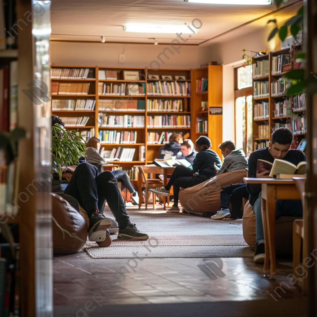 Students quietly reading in a cozy classroom reading corner. - Image 4