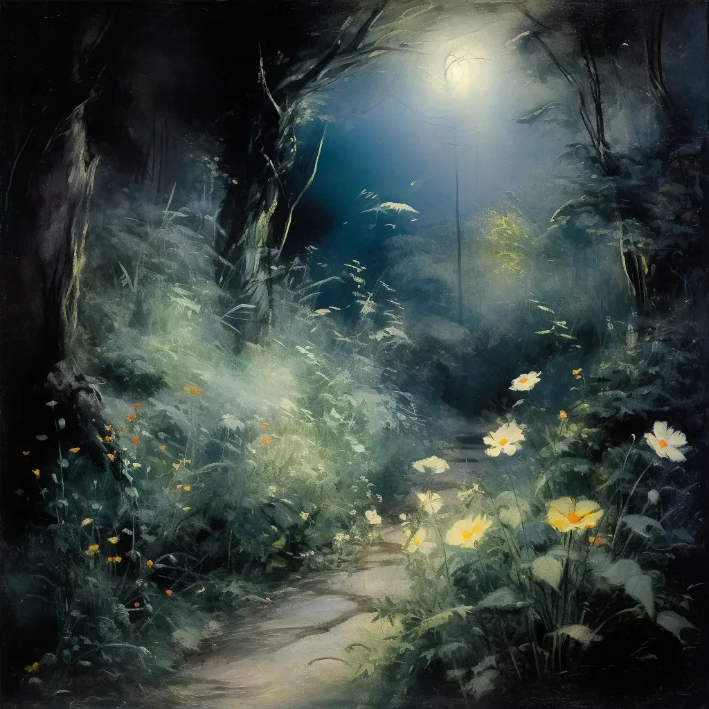 Night garden with glowing flowers and moonlit path - Image 2