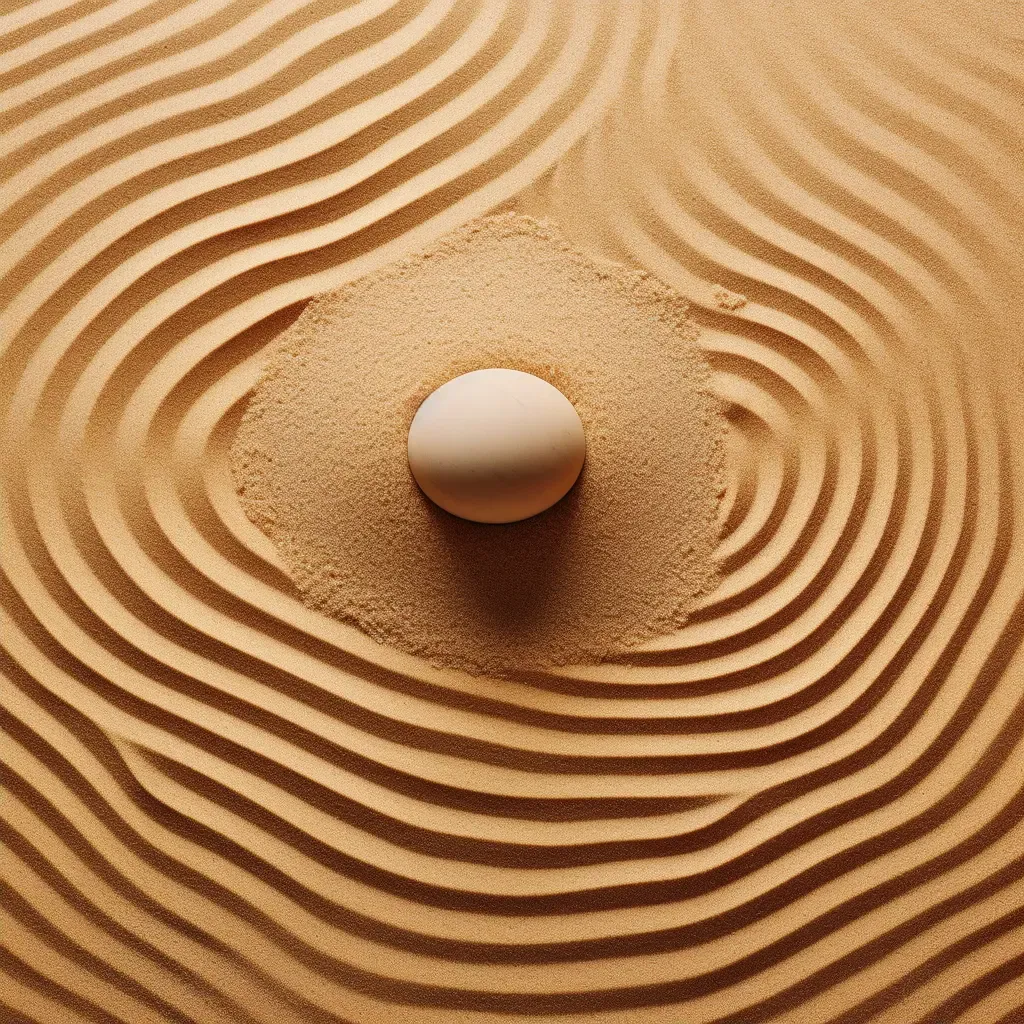 Image of a smooth pebble in the center of a Zen garden