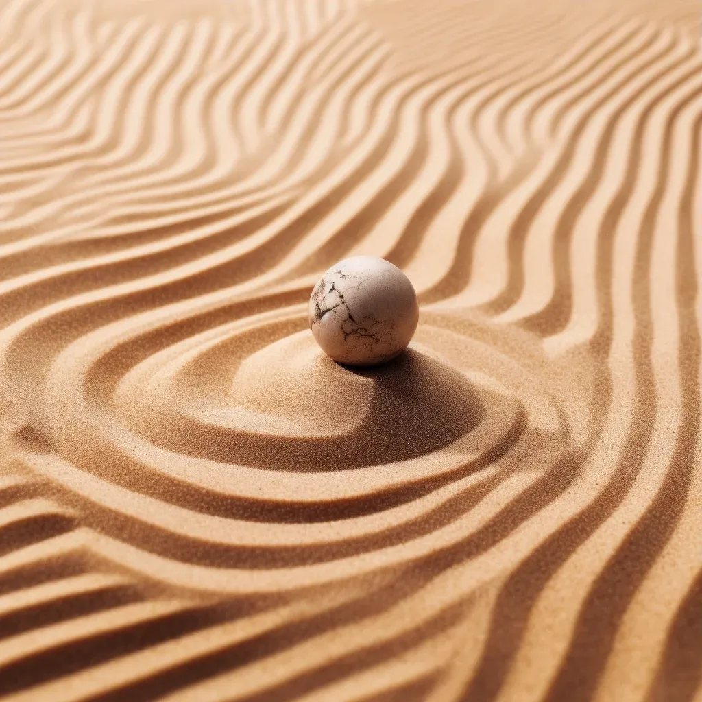 Image of a smooth pebble in the center of a Zen garden