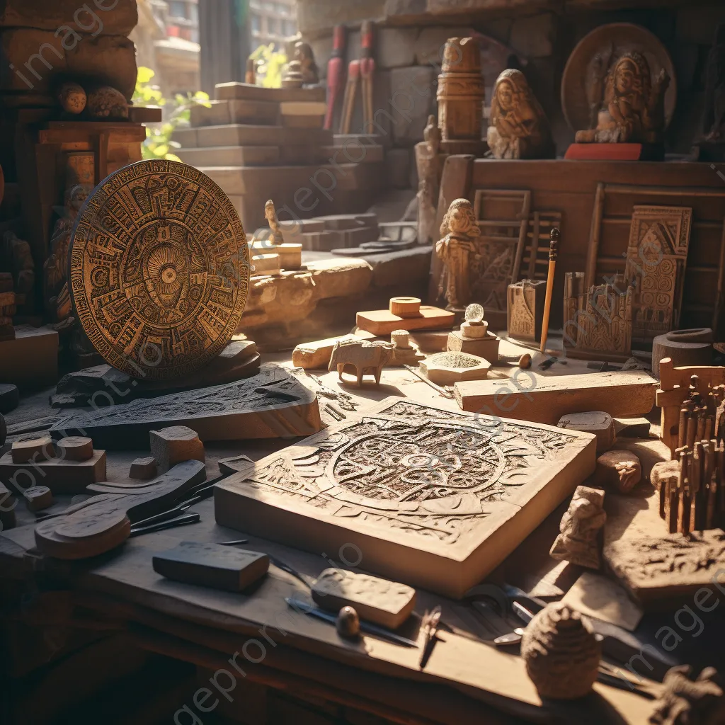 High-angle view of intricate stone carvings on a work table - Image 1