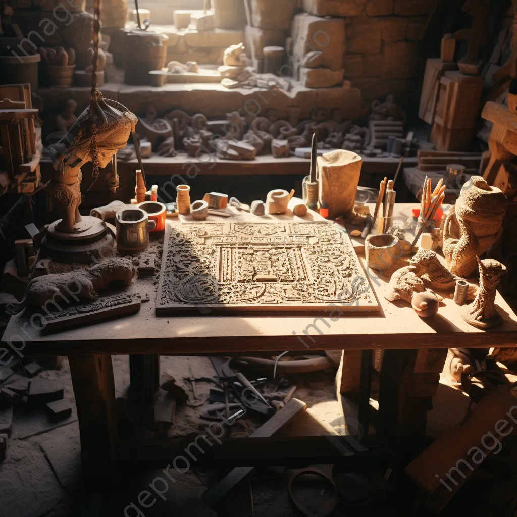 High-angle view of intricate stone carvings on a work table - Image 2