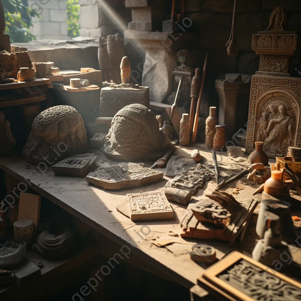 High-angle view of intricate stone carvings on a work table - Image 4