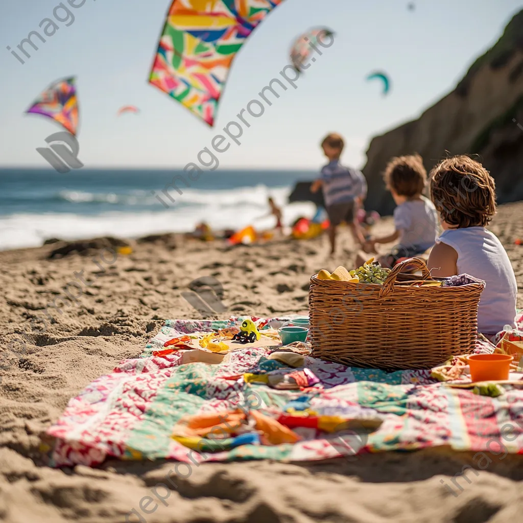 Family picnic with a colorful blanket and kids flying kites on the beach. - Image 1