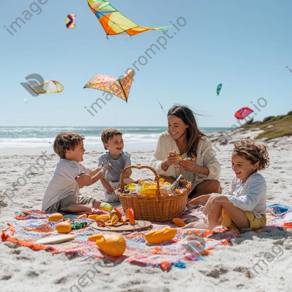 Family picnic with a colorful blanket and kids flying kites on the beach. - Image 2