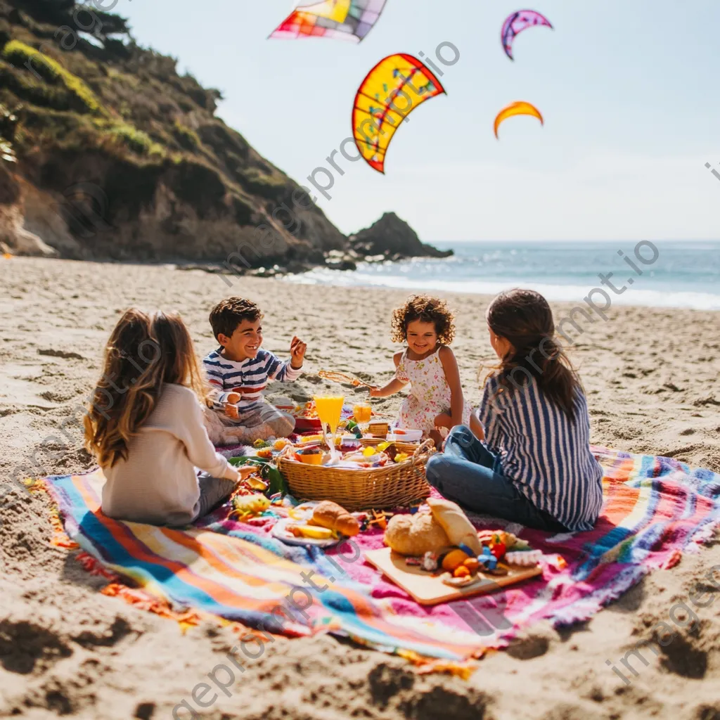 Family picnic with a colorful blanket and kids flying kites on the beach. - Image 3