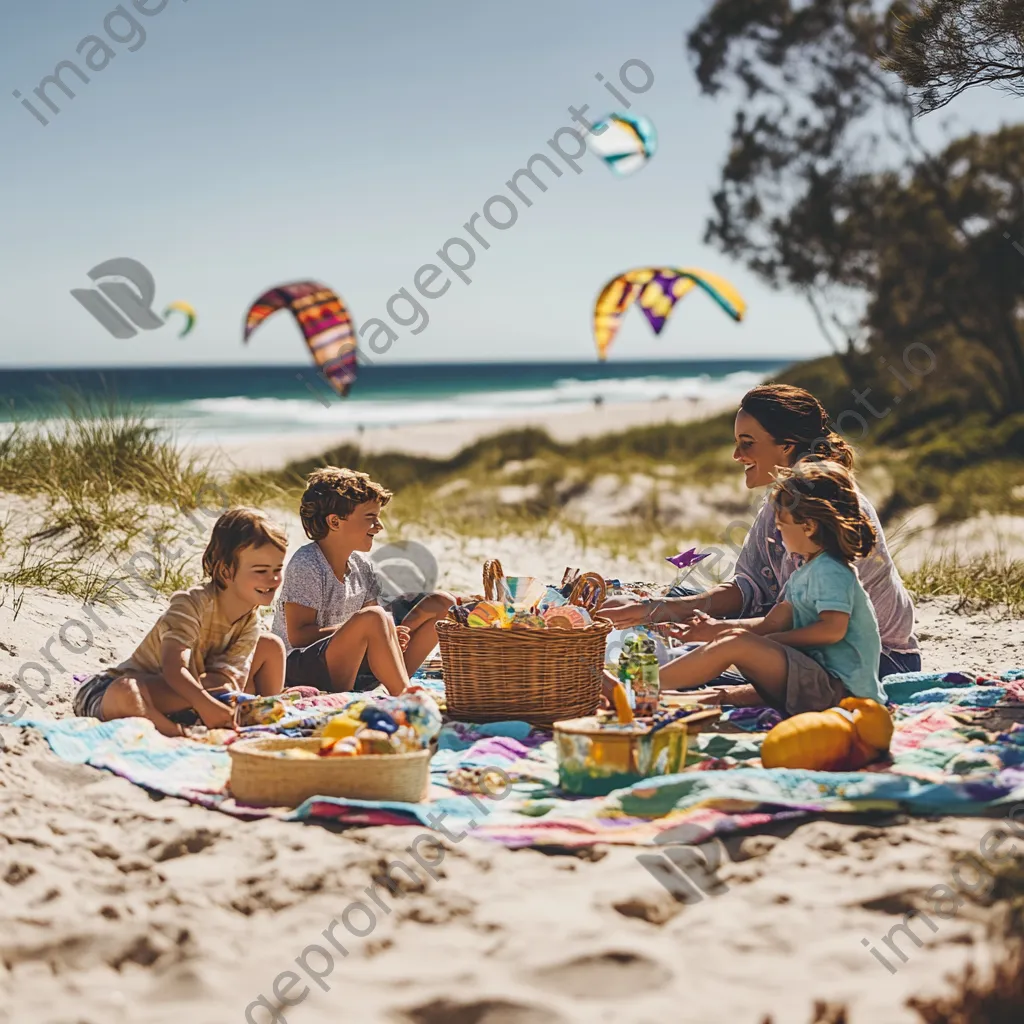 Family picnic with a colorful blanket and kids flying kites on the beach. - Image 4