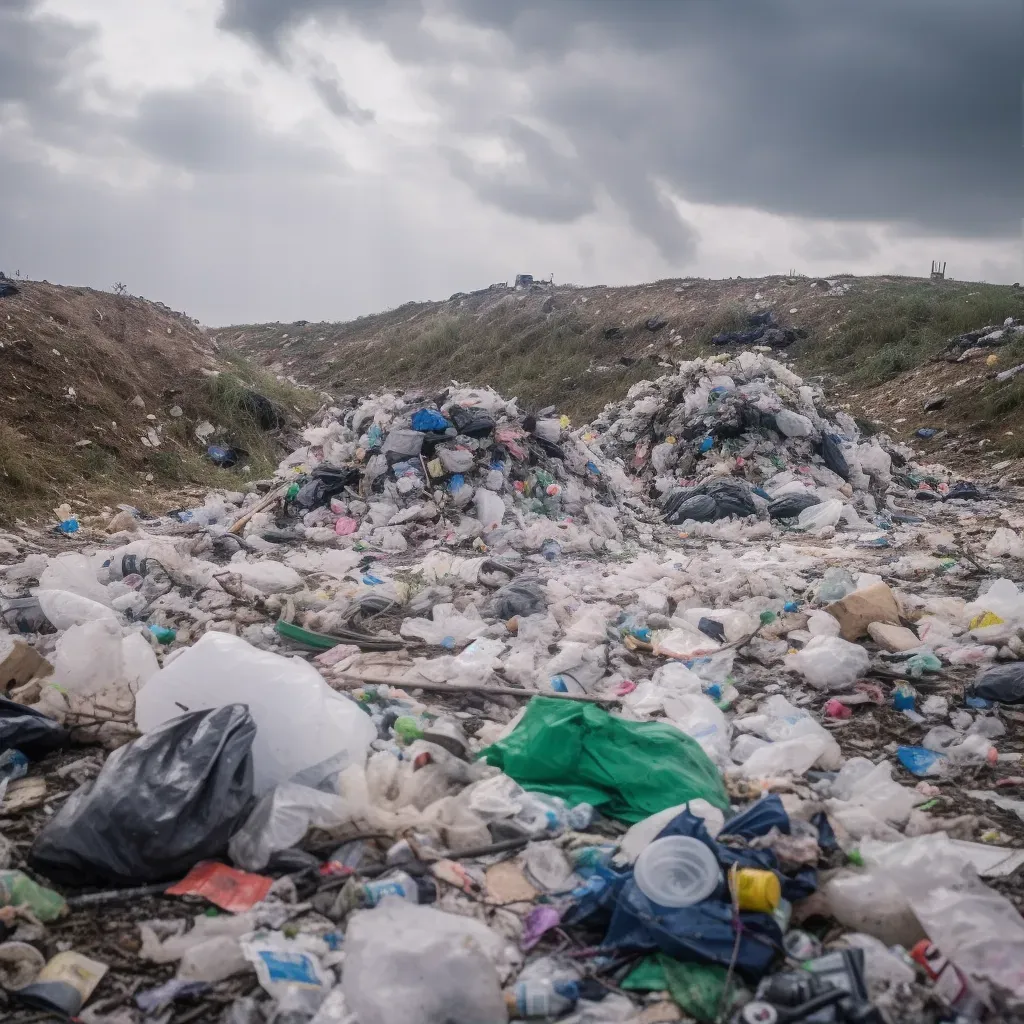 Overflowing landfill with discarded plastics, showing plastic waste pollution - Image 1