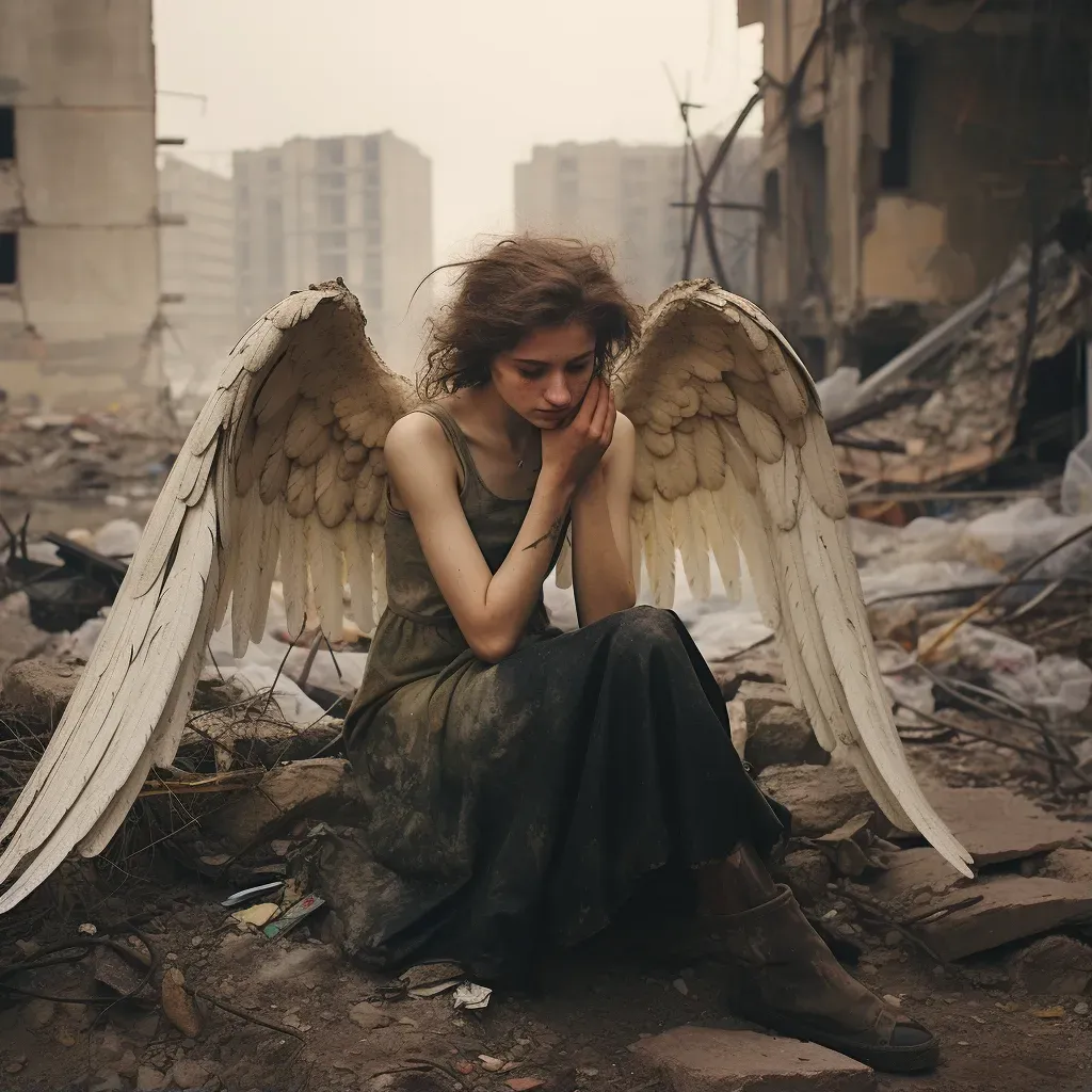 Image of weeping angel in a war-torn city - Image 1