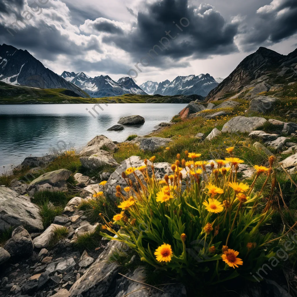 Alpine lake bordered by rocky cliffs and wildflowers in spring - Image 1