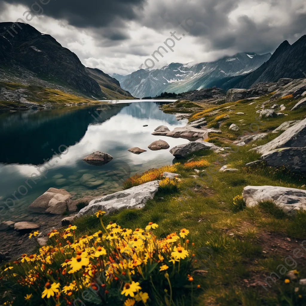 Alpine lake bordered by rocky cliffs and wildflowers in spring - Image 2