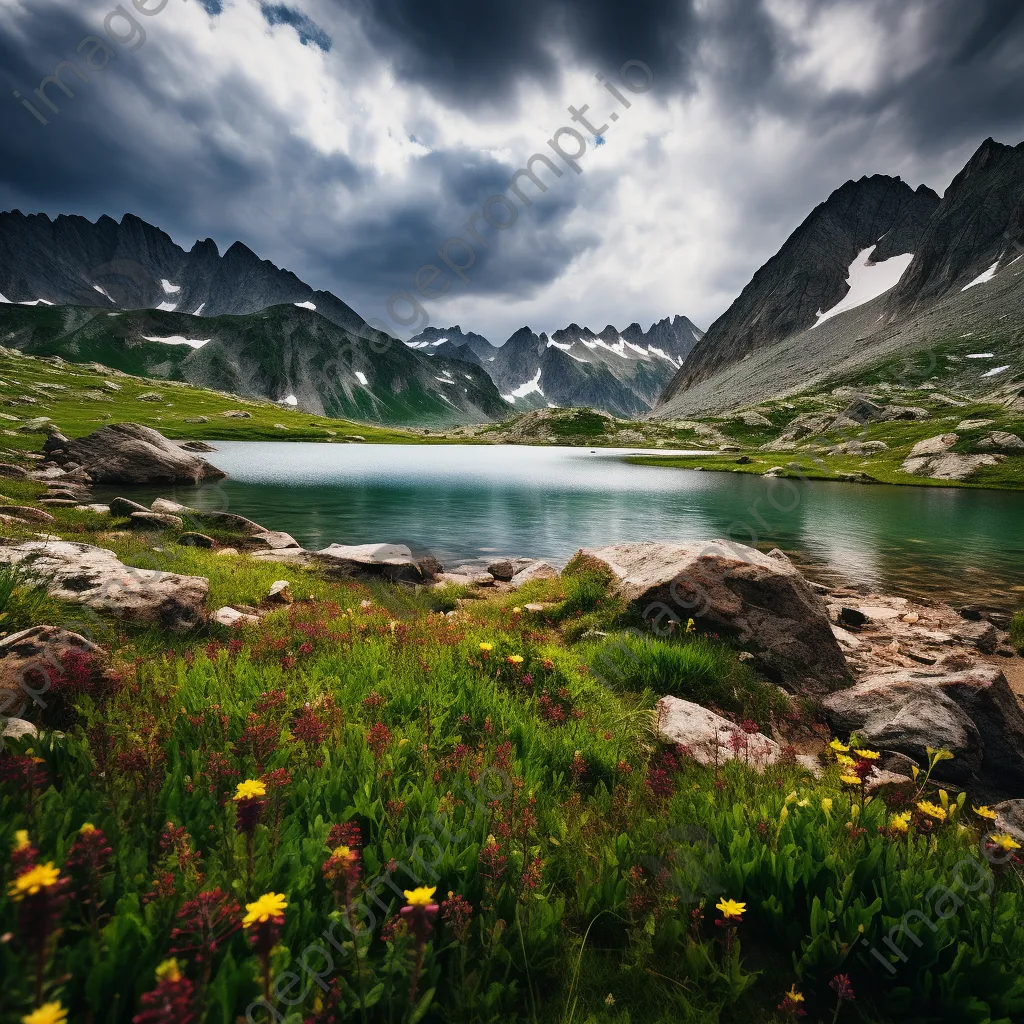 Alpine lake bordered by rocky cliffs and wildflowers in spring - Image 4