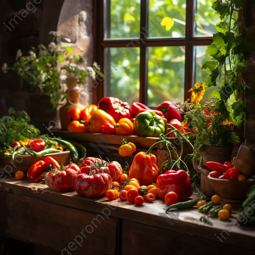 Colorful organic vegetables on a rustic wooden table illuminated by natural sunlight. - Image 1