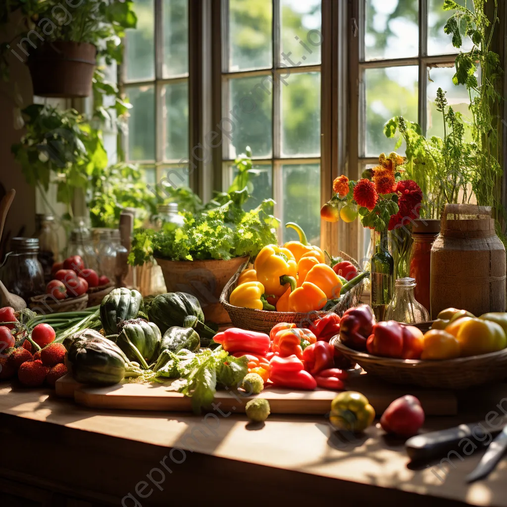 Colorful organic vegetables on a rustic wooden table illuminated by natural sunlight. - Image 2