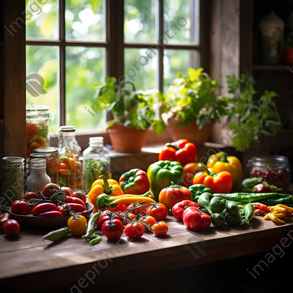 Colorful organic vegetables on a rustic wooden table illuminated by natural sunlight. - Image 3