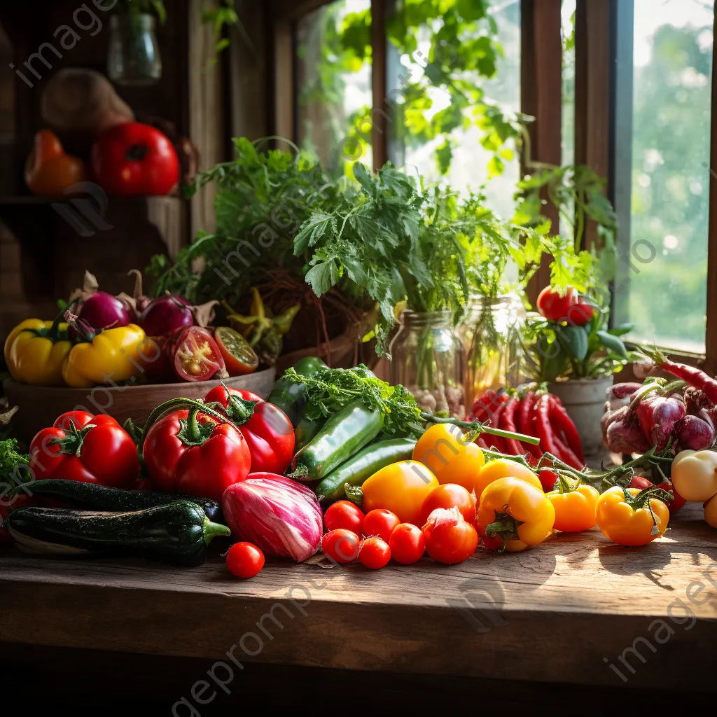 Colorful organic vegetables on a rustic wooden table illuminated by natural sunlight. - Image 4