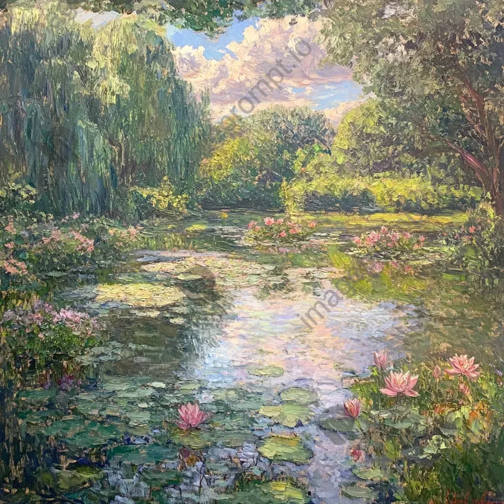 Impressionist oil painting of a tranquil community garden with a lotus pond - Image 1