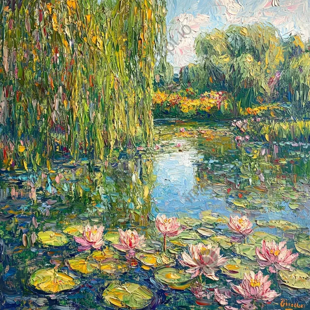 Impressionist oil painting of a tranquil community garden with a lotus pond - Image 2