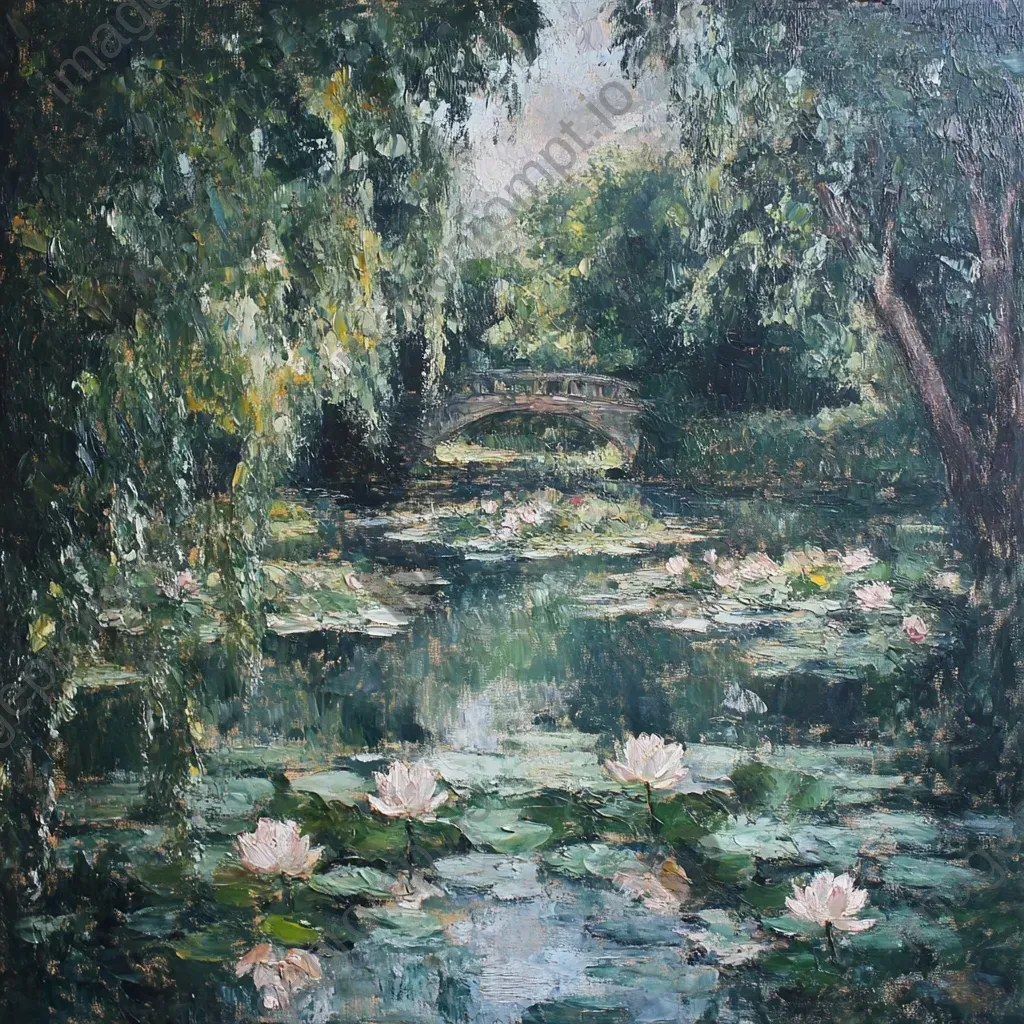 Impressionist oil painting of a tranquil community garden with a lotus pond - Image 3