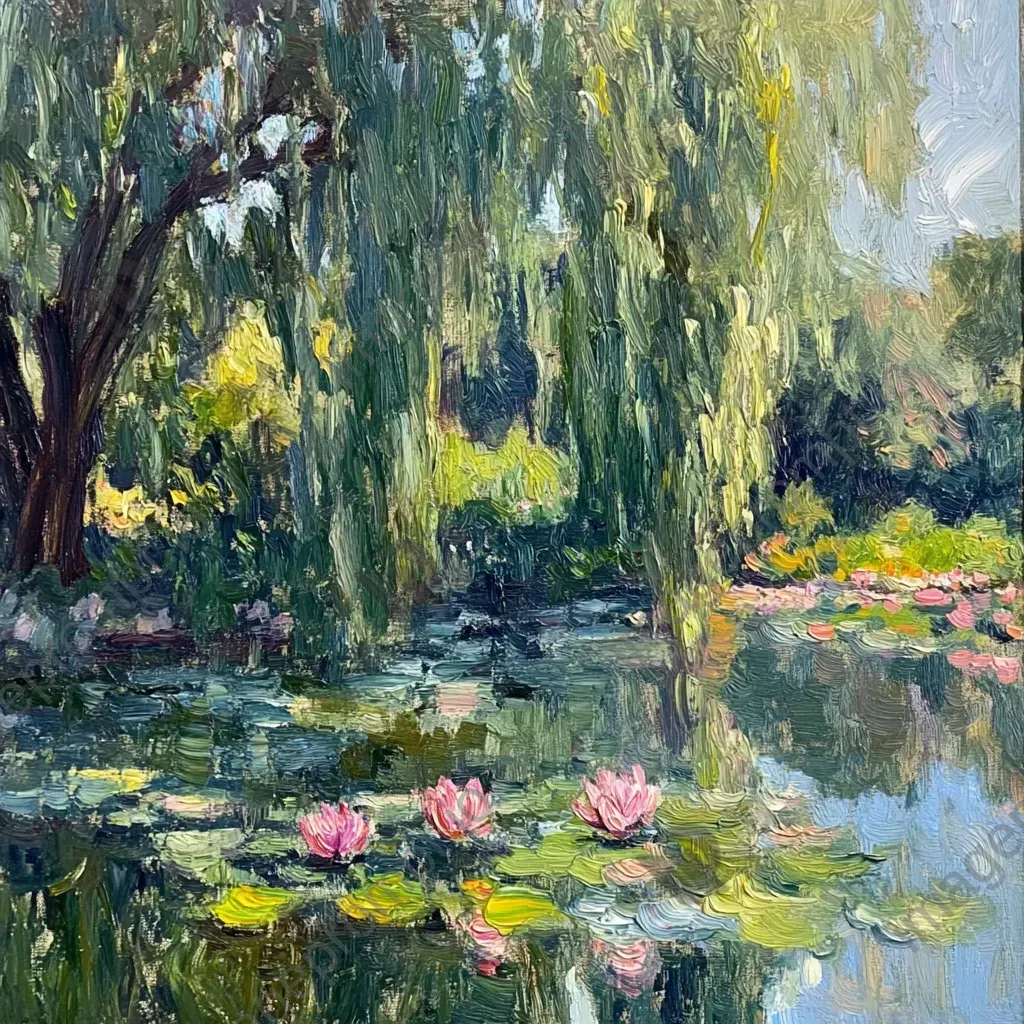 Impressionist oil painting of a tranquil community garden with a lotus pond - Image 4