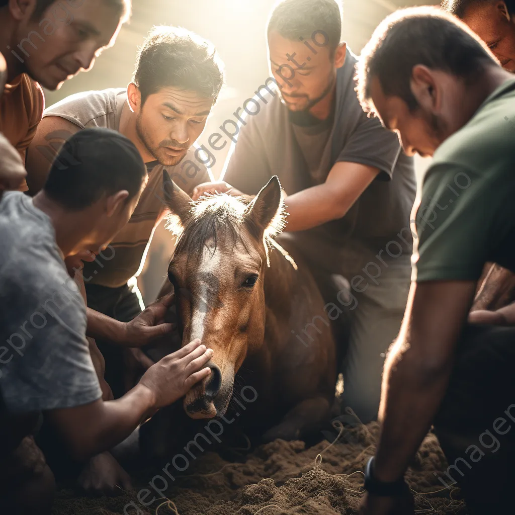 Rescue worker nurturing a horse with volunteers in a stable. - Image 2