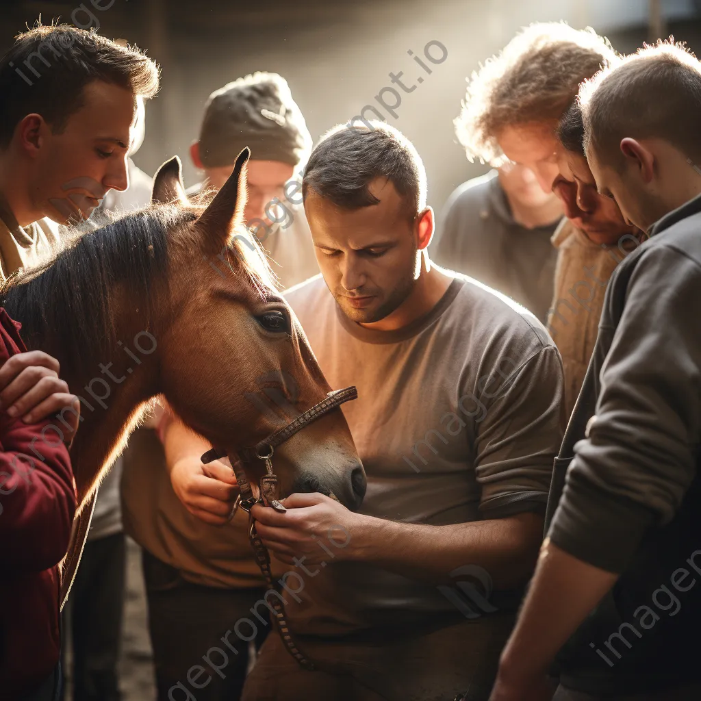 Rescue worker nurturing a horse with volunteers in a stable. - Image 3