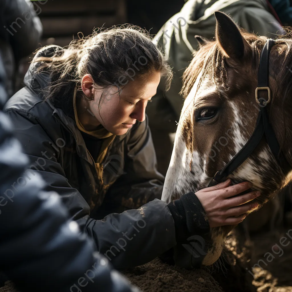 Rescue worker nurturing a horse with volunteers in a stable. - Image 4