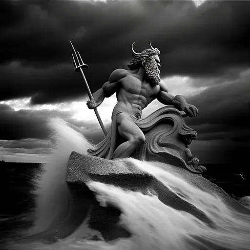 Poseidon controlling waves with trident under stormy sky - Image 1