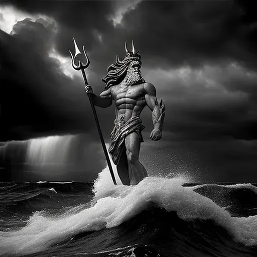 Poseidon controlling waves with trident under stormy sky - Image 2