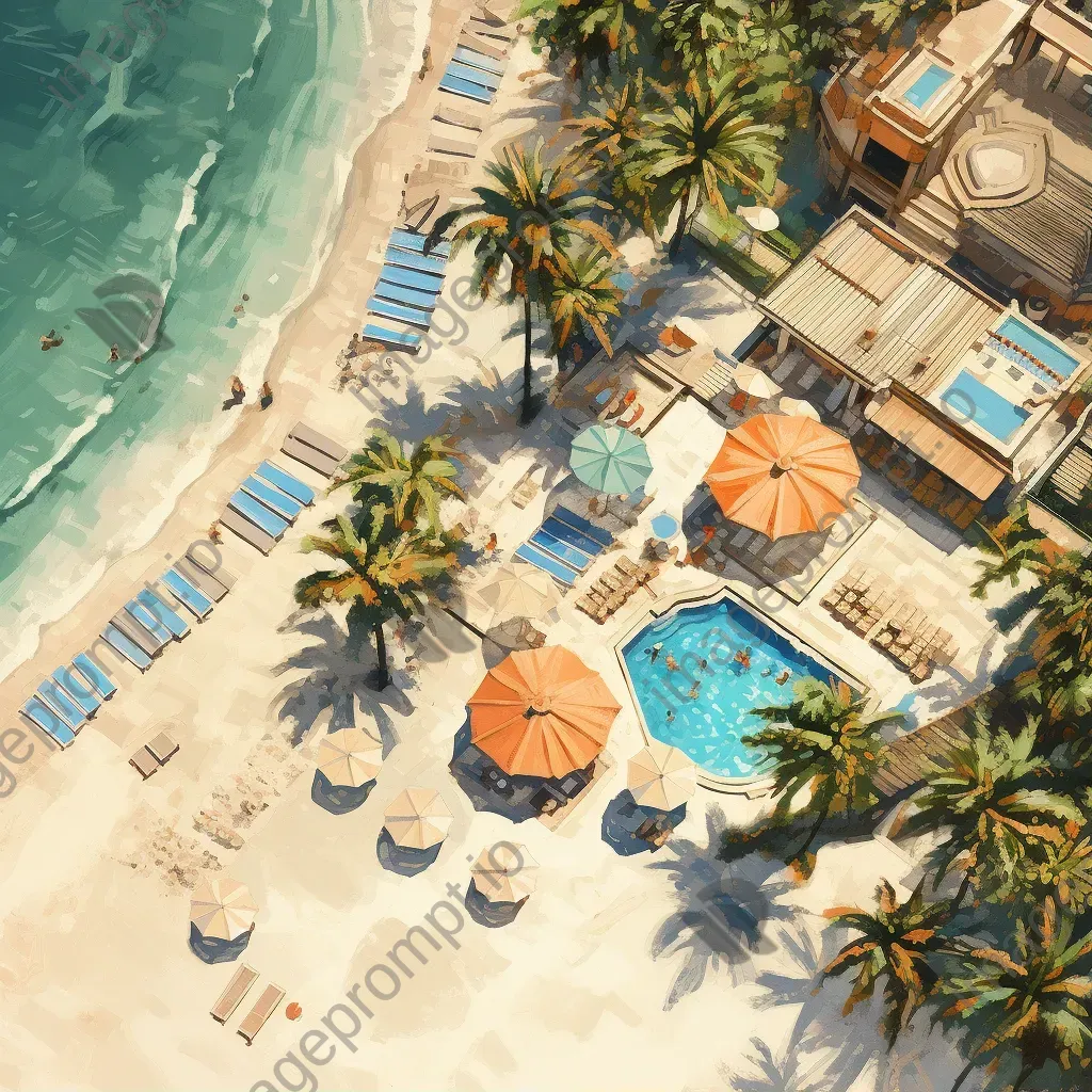 Sunlit beach with palm trees and colorful beach umbrellas - Image 1