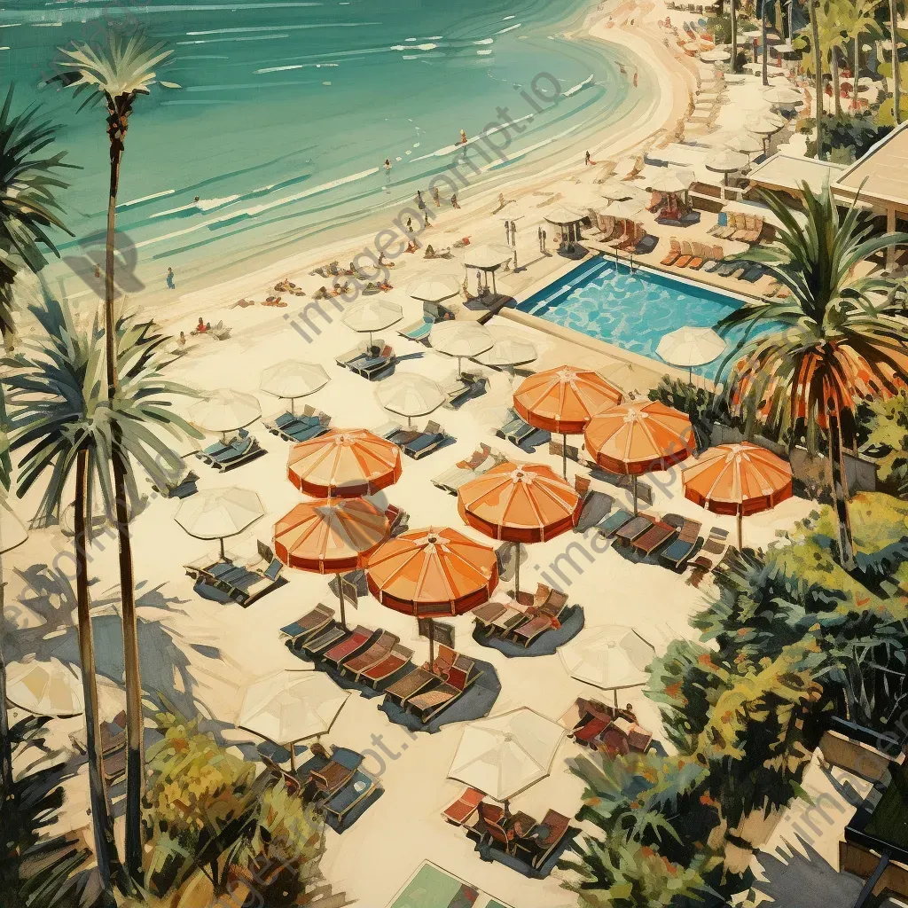 Sunlit beach with palm trees and colorful beach umbrellas - Image 2