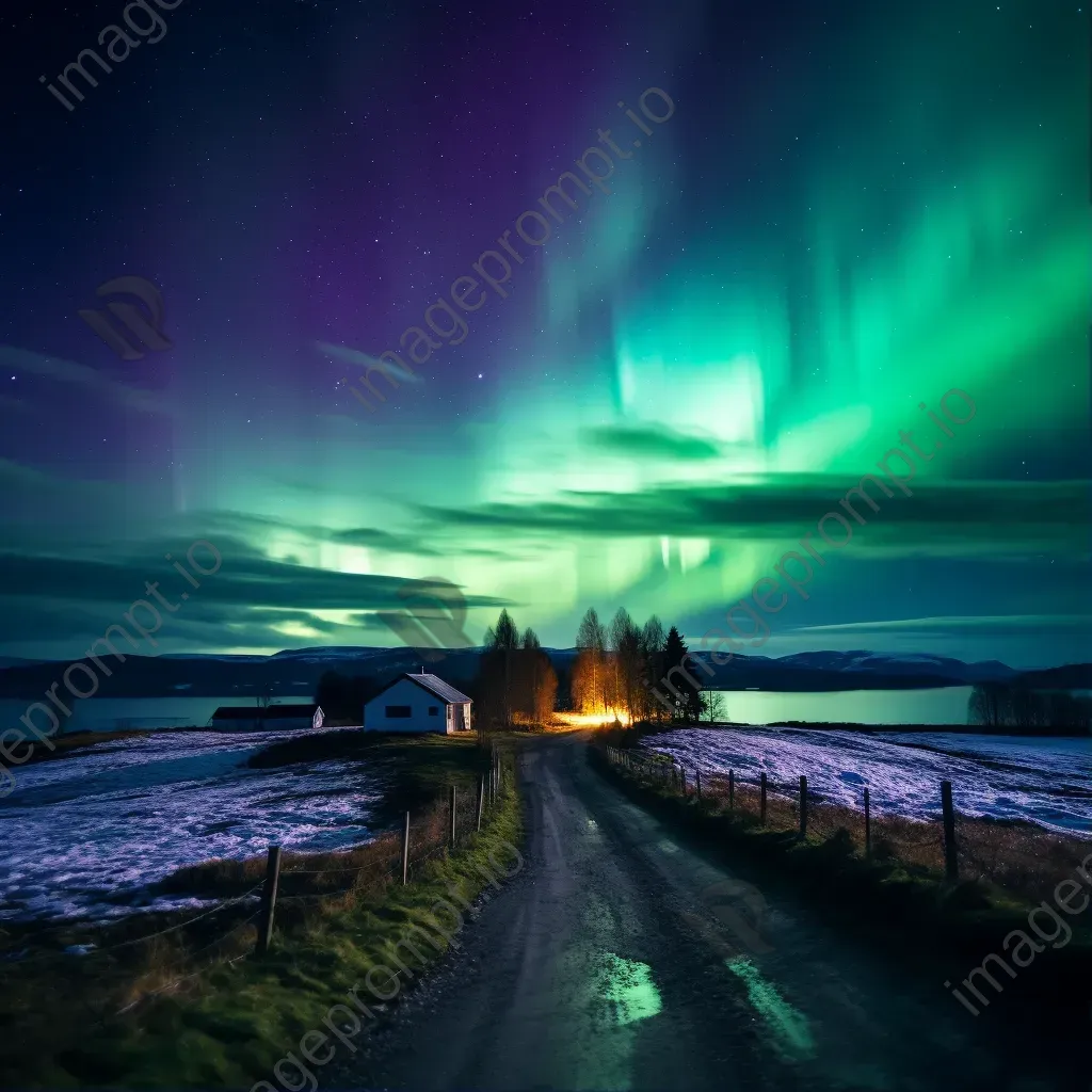 Northern lights over countryside hills - Image 1