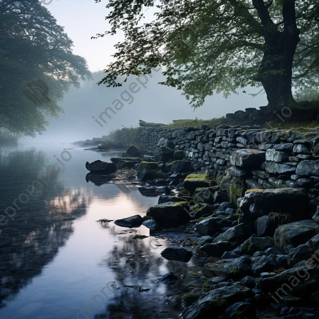 Dry stone wall next to a foggy river in the morning. - Image 2