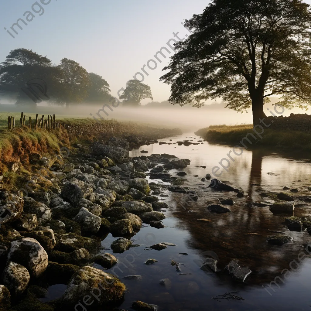 Dry stone wall next to a foggy river in the morning. - Image 3