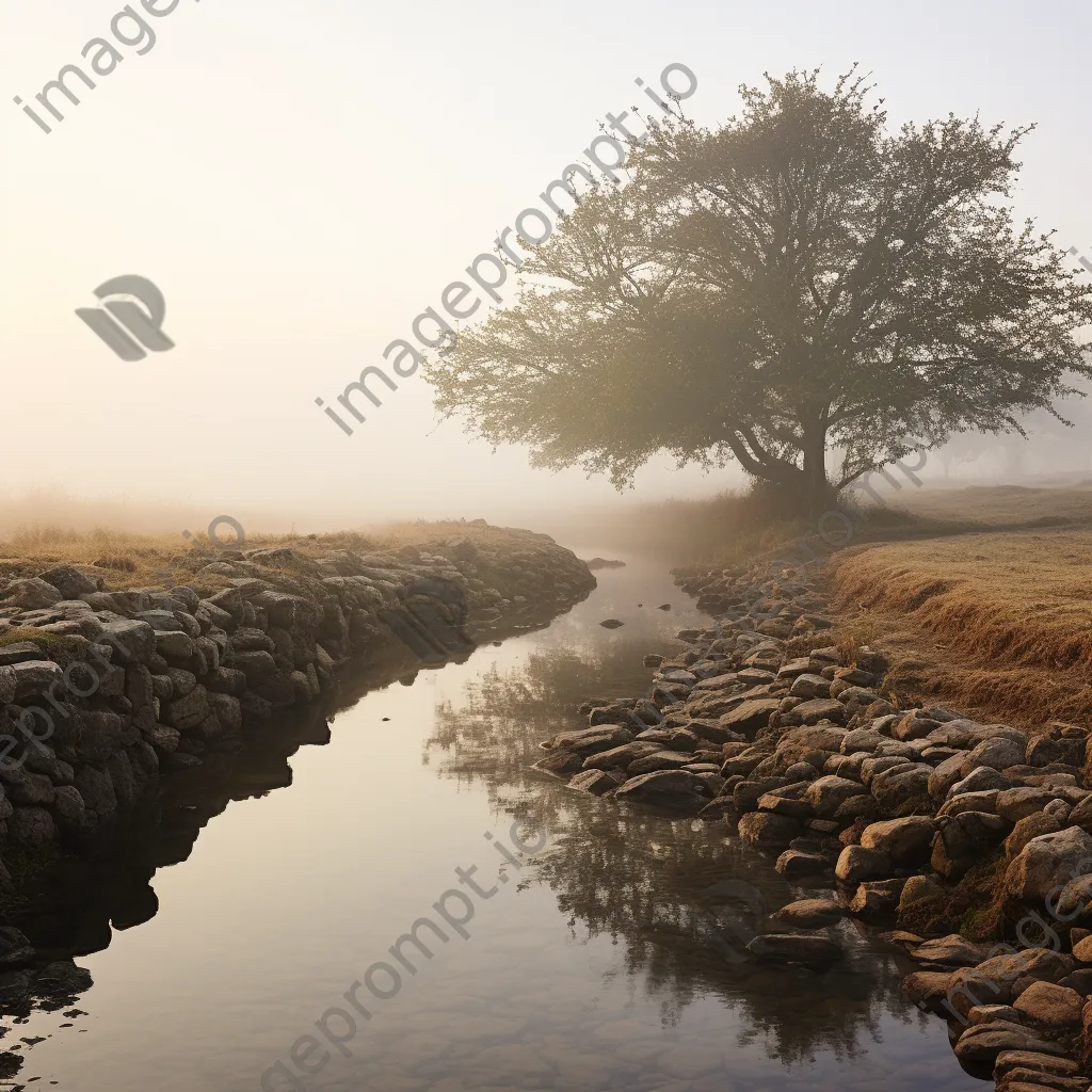 Dry stone wall next to a foggy river in the morning. - Image 4