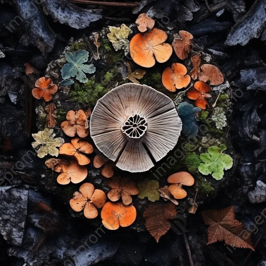 Overhead shot of an ancient tree stump with colorful mushrooms - Image 1