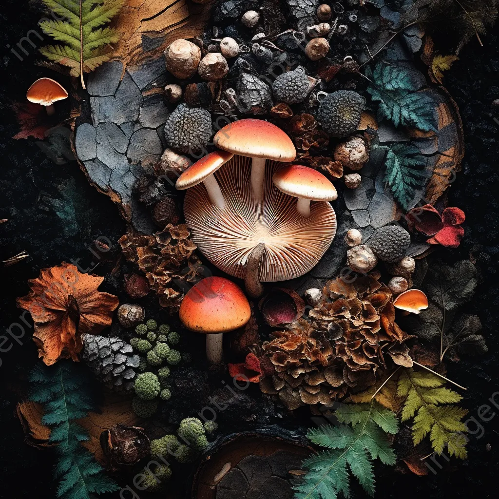 Overhead shot of an ancient tree stump with colorful mushrooms - Image 2