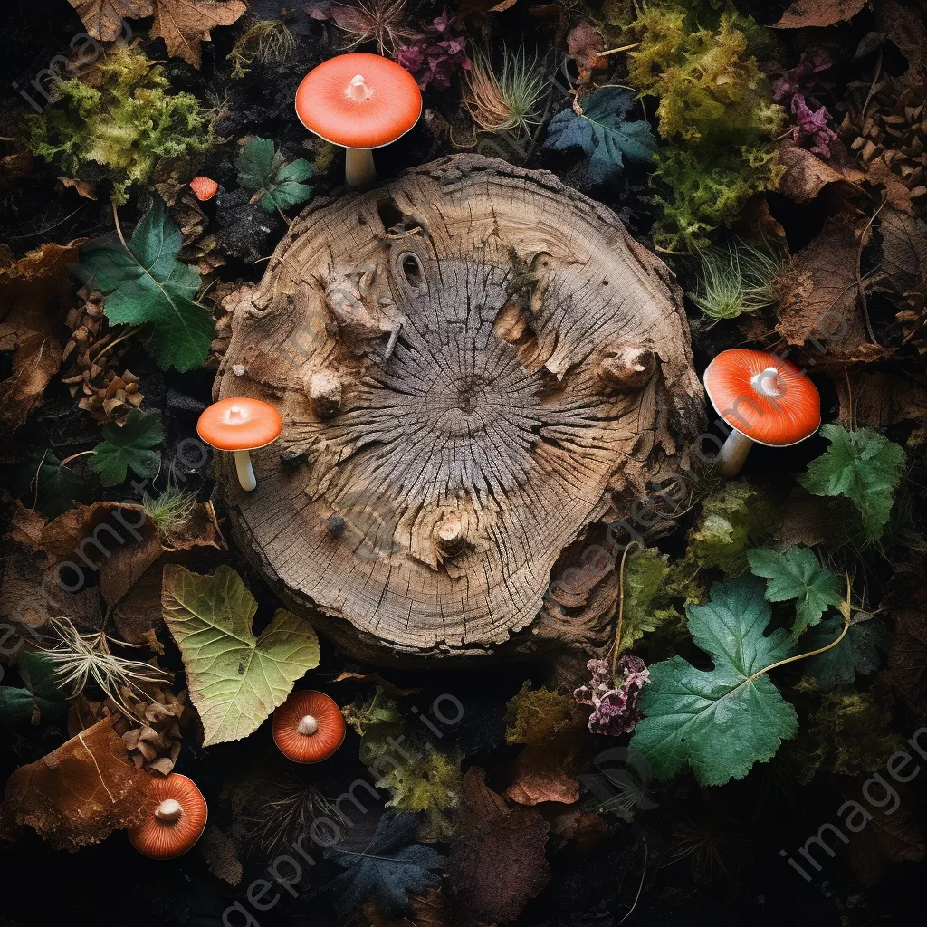 Overhead shot of an ancient tree stump with colorful mushrooms - Image 3