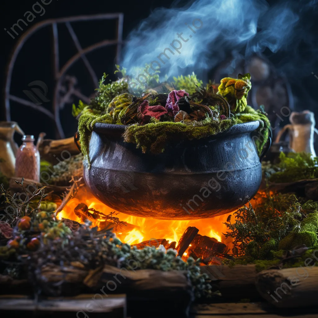 Bubbling dyeing pot surrounded by freshly harvested plants - Image 1