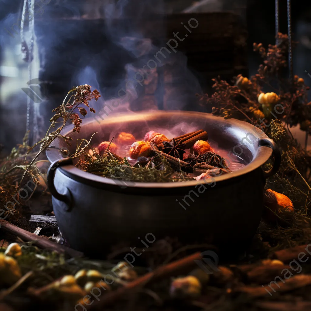 Bubbling dyeing pot surrounded by freshly harvested plants - Image 2