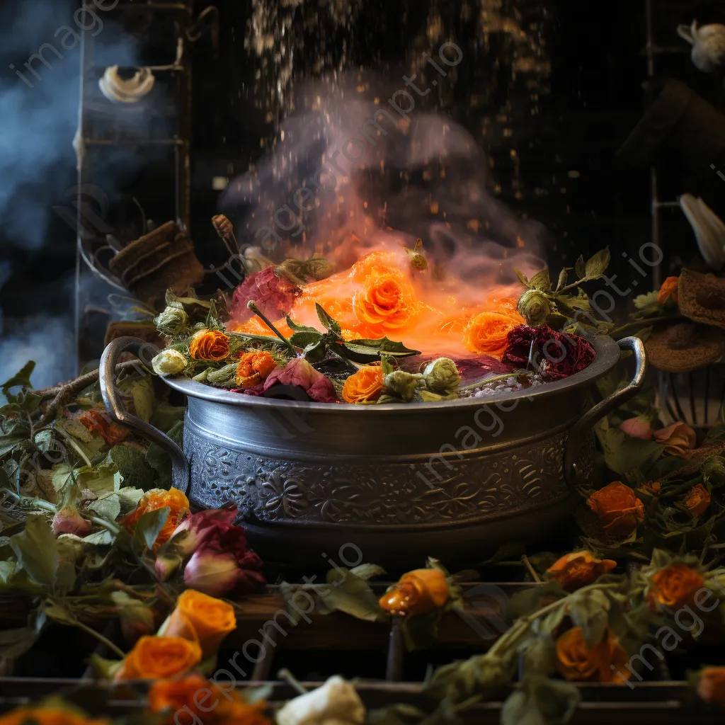 Bubbling dyeing pot surrounded by freshly harvested plants - Image 3